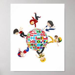 Poster Crianças Dançando Ao Redor Das Bandeiras Do Mundo
