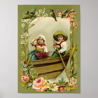 Pôster Crianças de Barcos Flores Aves Vintage Art Impress