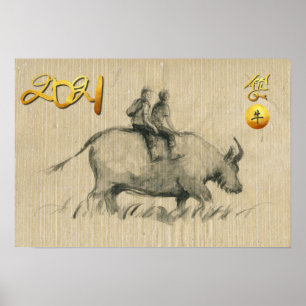 Poster Crianças de Buffalo Chinês Ox Ano 2021 HorP