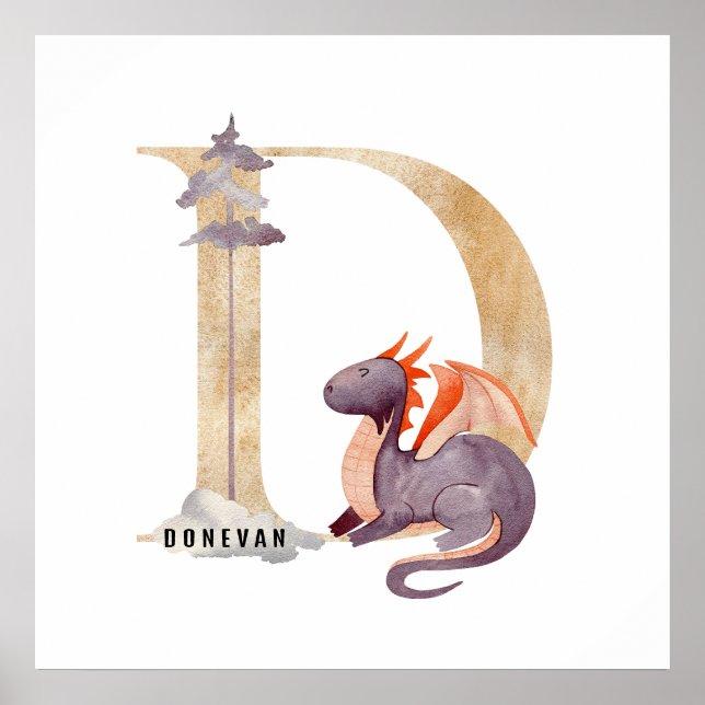 Poster Crianças Dragão Nome Personalizado Monograma D Sal (Frente)