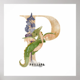 Poster Crianças Dragão Nome Personalizado Monograma P Sal