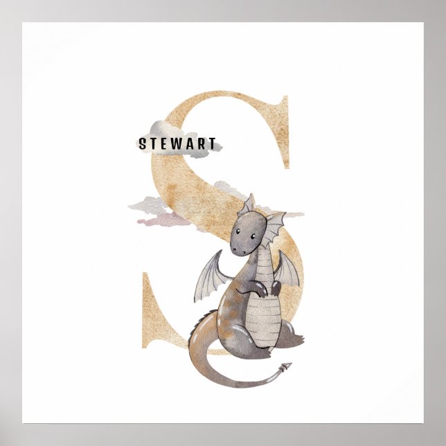 Poster Crianças Dragão Nome Personalizado Monograma S Nur (Frente)