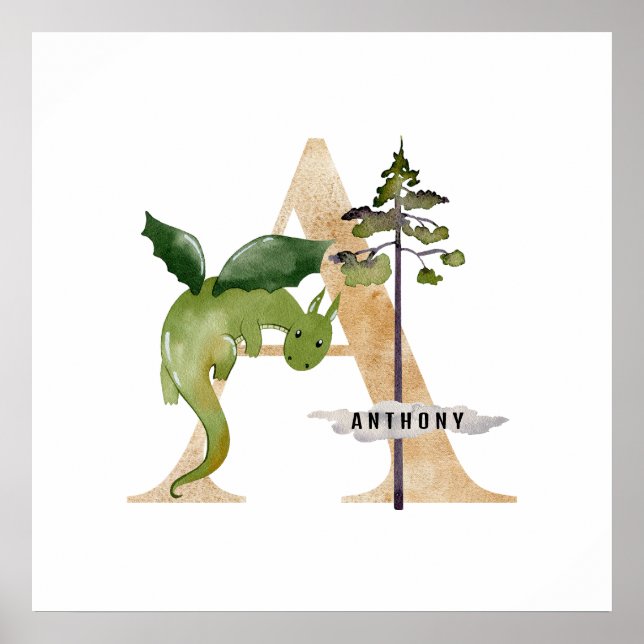 Poster Crianças Dragão Nome Personalizado Monograma Uma S (Frente)