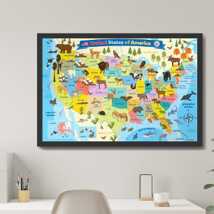 Poster Crianças EUA Mapeiam Cartoon Whimsical Art Estados