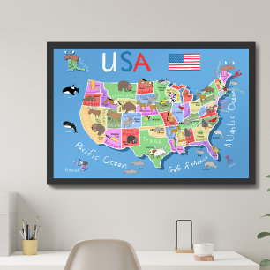 Poster Crianças EUA Mapeiam Cartoon Whimsical Art Estados