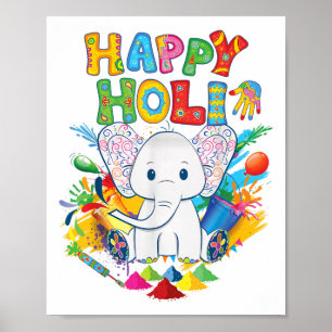 Poster Crianças Feliz Festival Holi Índia Colorido Elefan
