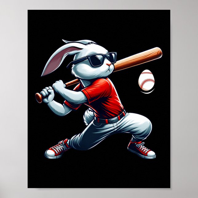 Poster Crianças Felz pascoa Coelhinho Jogando Baseball Le (Frente)