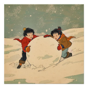 Pôster Crianças japonesas rolando uma grande bola de neve
