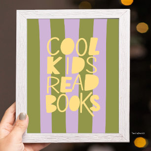 Poster Crianças Legais Lêem Livros Típico Listras Roxo Az