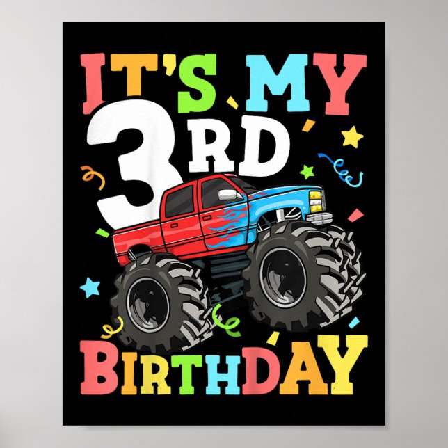 Poster Crianças Monster Truck É Meu aniversário de 3 anos (Frente)