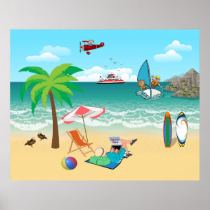 Poster Crianças Velejando, Mãe Sun Tanning - Férias Di