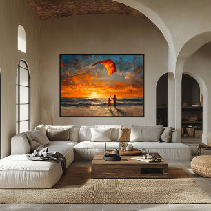 Poster Crianças Voando Pipa ao Pôr do Sol - Praia Vibrant