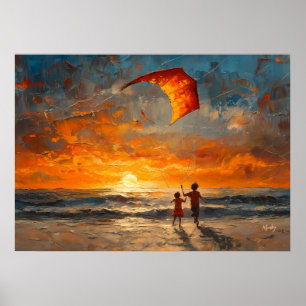 Poster Crianças Voando Pipa ao Pôr do Sol - Praia Vibrant
