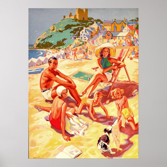Poster Criccieth Beach, Wales, Family, vacage, vintage (Frente)