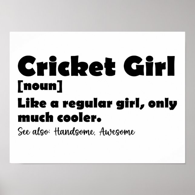 Poster Cricket Girl Engraçado Definição de Cricket Lover (Frente)