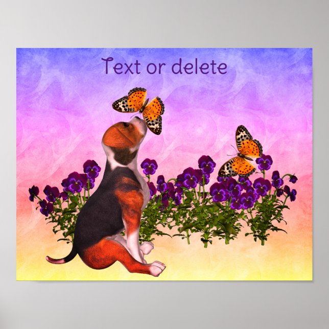 Poster Crie Seu Próprio Beagle Puppy Butterflies Flores (Frente)