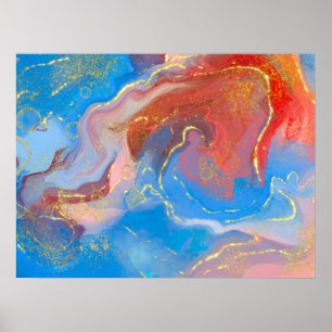 Poster Crimson, Blush, Blue and Gold Marbled Alcohol Ink