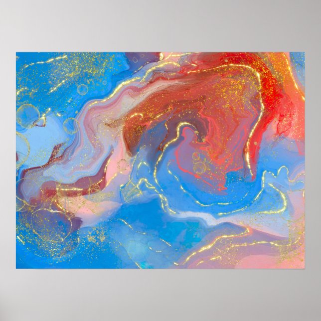 Poster Crimson, Blush, Blue and Gold Marbled Alcohol Ink (Frente)