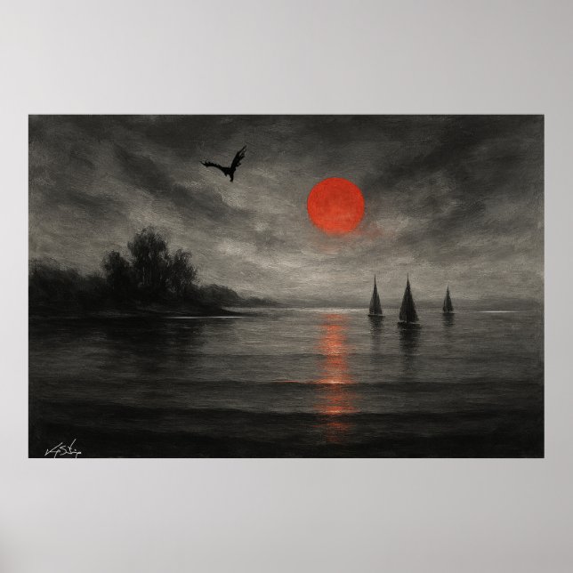 Poster Crimson Descent - Sailboats Beneath the Dragon Sky (Frente)