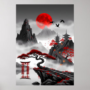 Poster Crimson Zen: Paisagem Japonesa da Lua Vermelha