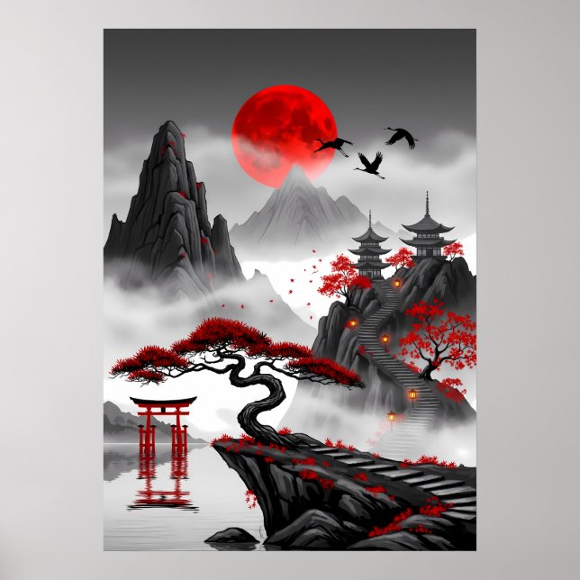 Poster Crimson Zen: Paisagem Japonesa da Lua Vermelha (Frente)