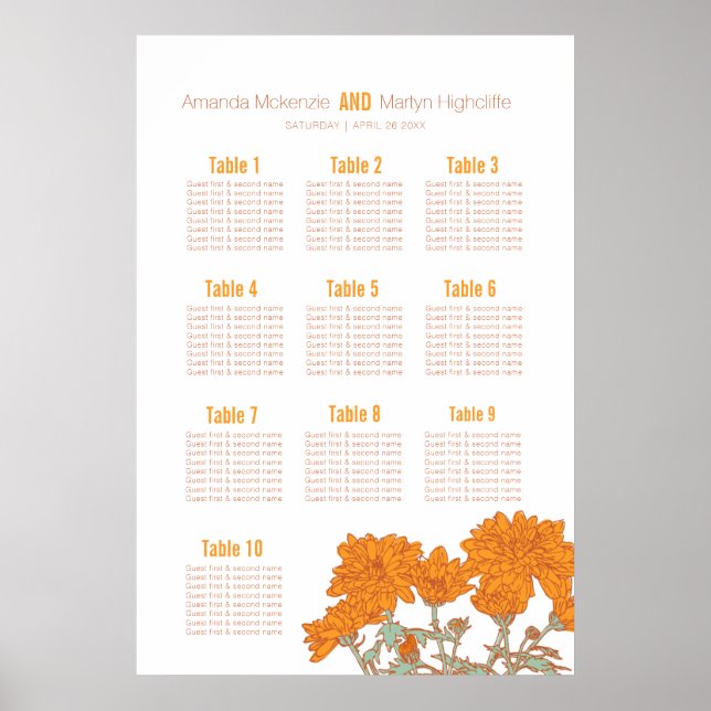 Poster Crisântemo de casamento flor laranja arte mesa pla (Frente)