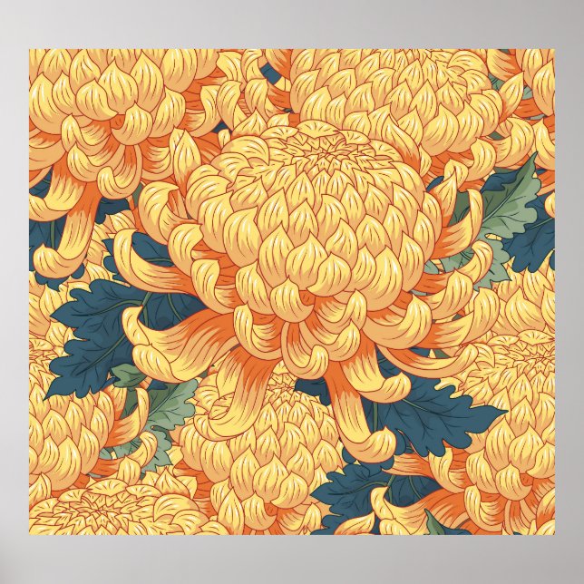 Poster crisântemos japoneses: padrão floral amarelo. (Frente)