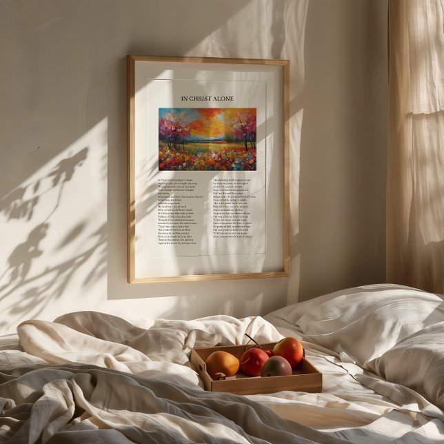 Poster Cristo de Hymn Hymn (Framed "In Christ Alone" hymn wall art with summer field painting, styled in cozy, minimalist room.)