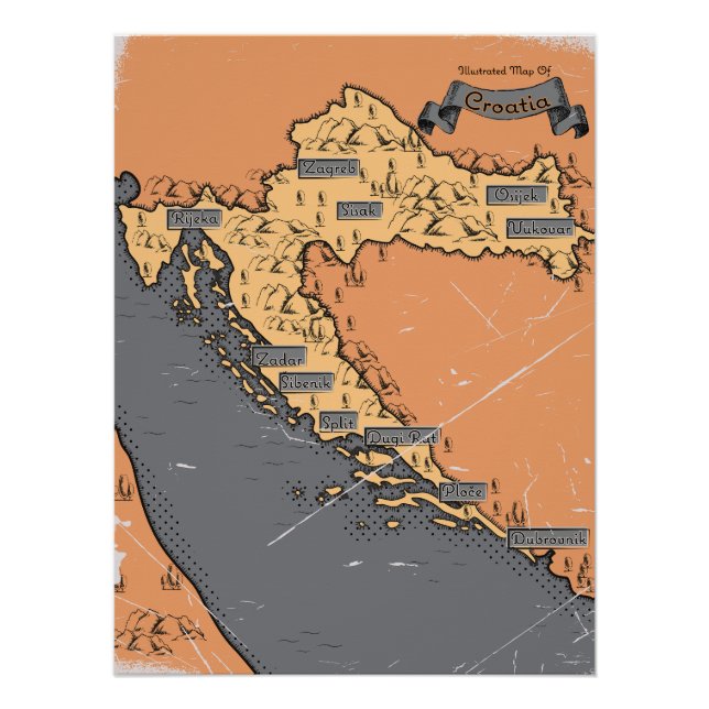 Pôster Croácia Mapa antigo vintage (Frente)