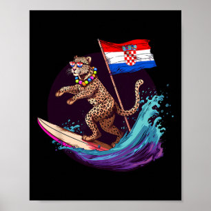 Poster Croácia Surfar Leopardo Bandeira Croata Surfe Croá