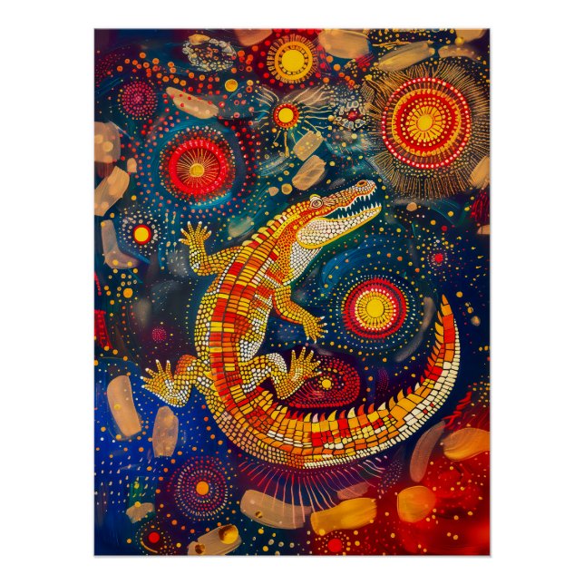 Pôster Crocodilo no Estilo de Arte Ponto Aborigine (Frente)