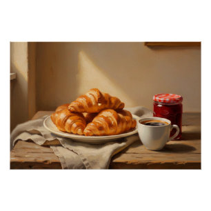 Pôster Croissant e Café Manhã Estilo Café Aconchegante Na