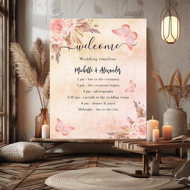 Poster Cronograma de casamento floral borboleta Pampas (Criador carregado)