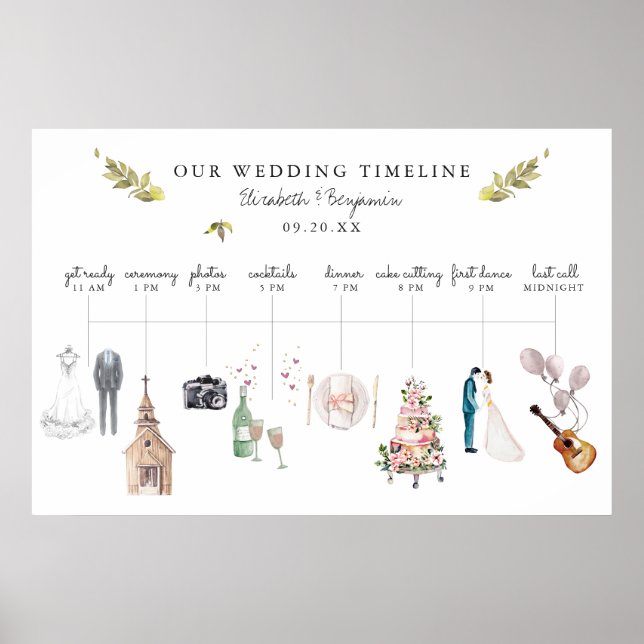 Poster Cronograma de Itinerário de Casamento Ilustrado Be (Frente)