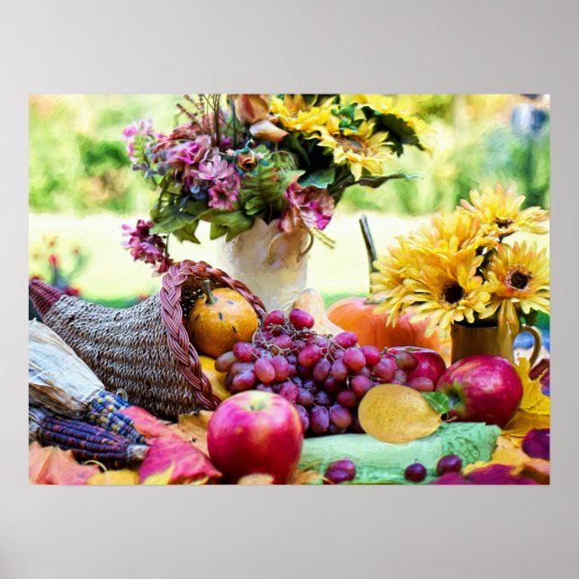 Poster Cronucopia de Ação de Graças com Frutas e Flores (Frente)
