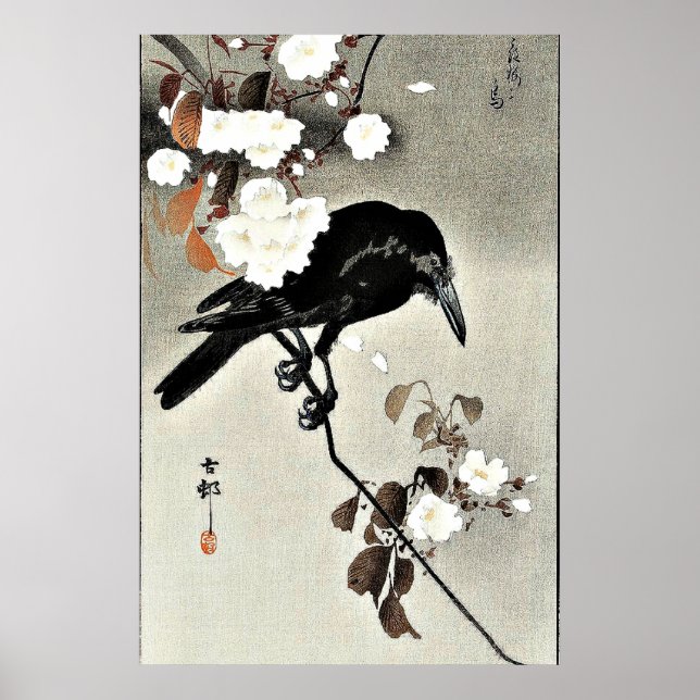 Poster Crow e Cherry Blossoms por Ohara Koson (Frente)