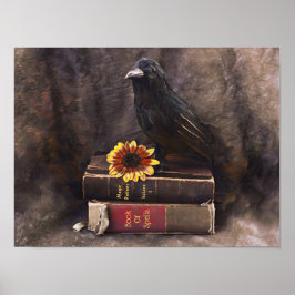 Poster Crow Gothage Livros Antigos Girassol Floral