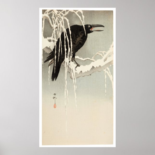 Poster Crow on a Snowy Branch by Ohara Koson (Frente)
