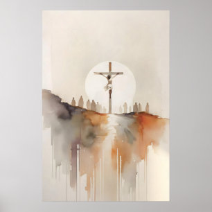 Poster Crucificação de Jesus Paixão de Cristo Aquarela