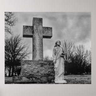Poster Crucifixo e anjo em preto e branco