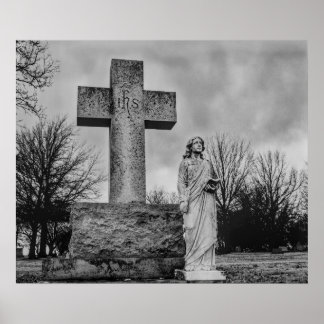 Poster Crucifixo e anjo em preto e branco