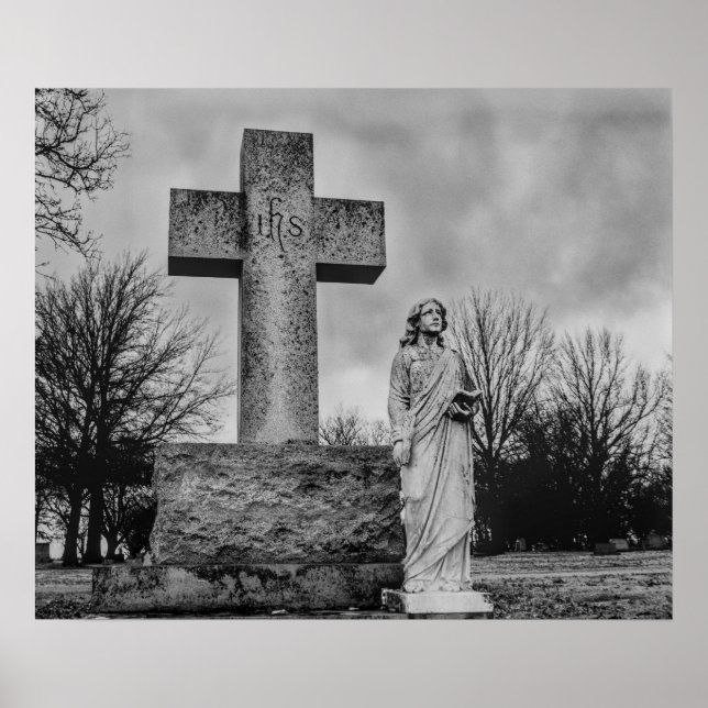 Poster Crucifixo e anjo em preto e branco  (Frente)