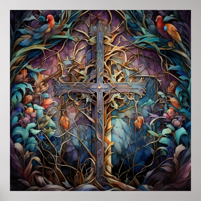 Poster Cruz Celta Rustada com Vinhas e Aves (Frente)