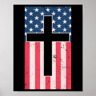 Poster Cruz Cristã Bandeira Americana Fé Patriótico