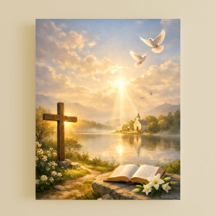 Poster Cruz Cristã e Bíblia ao Nascer do Sol