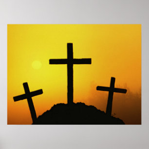 Poster Cruz de madeira áspera velha no monte do calvári