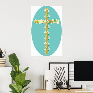 Poster Cruz de Páscoa em Ouro Elegante com Lírios Brancos