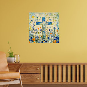Poster Cruz de Páscoa por campo de flores