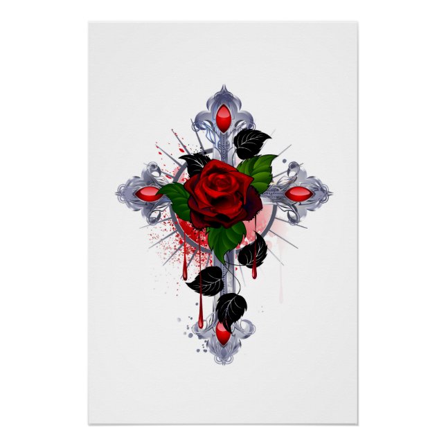 Pôster Cruz de Prata com Rosa vermelha (Frente)