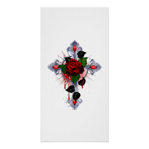 Pôster Cruz de Prata com Rosa vermelha
